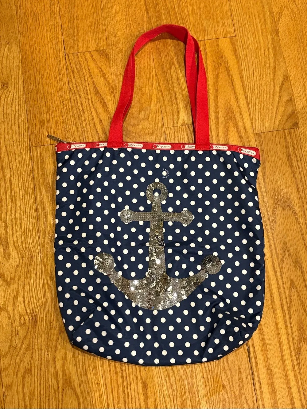 Lesportsac Navy Polka Dot Tote with Gold Sequin Anchor and Red Handles